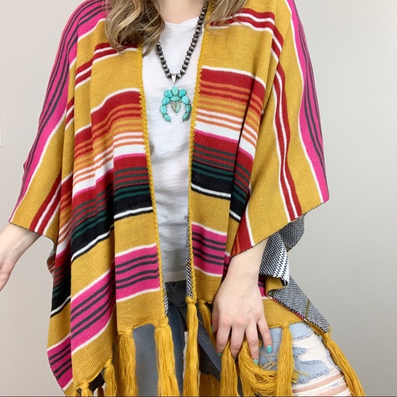 Boho Bull Skull Serape Stripe Poncho Mustard Pink - Picture 2 of 8